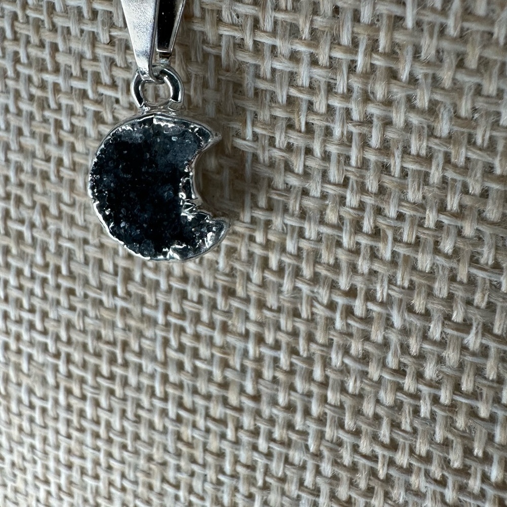 Black/Dark Purple Druzy Amethyst Crescent Moon Pendant on Chain - Picture 9 of 13